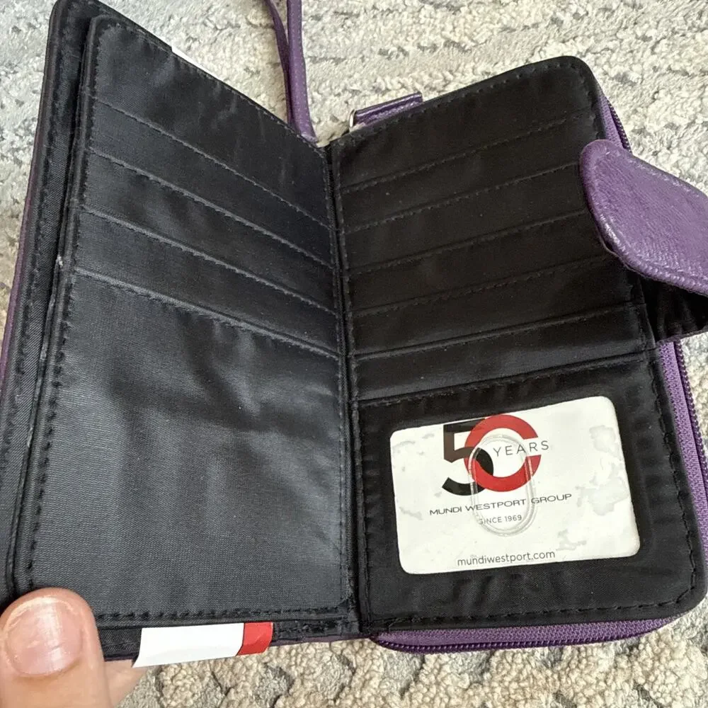 Mundi All In One Purple Clutch Safe Keeper Zipper Photos Card Slots Wrist Strap